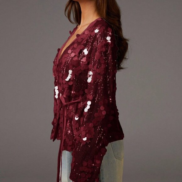 burgundy Party Women's long sleeve sequin Blouses - Picture 5 of 5